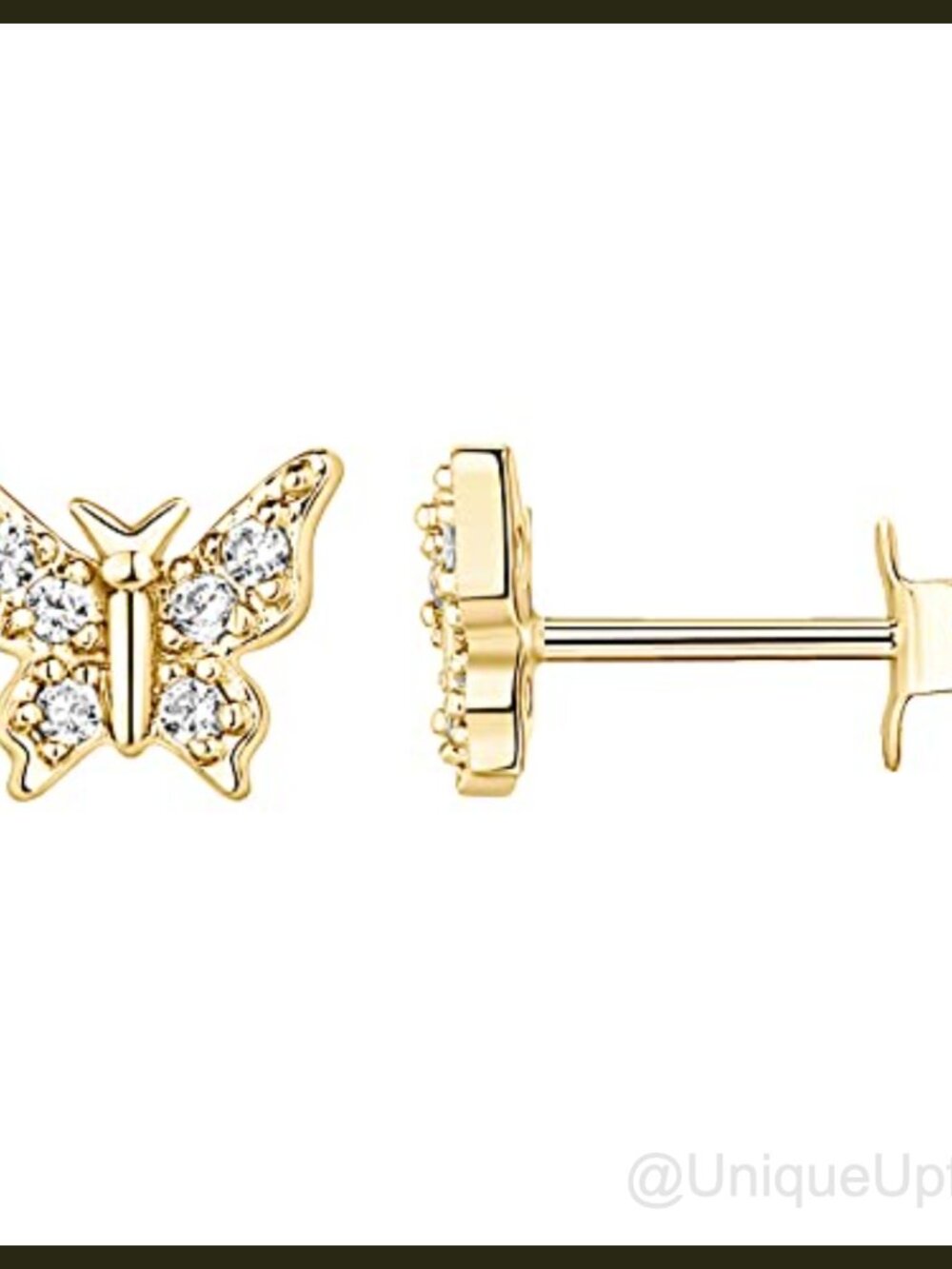 14K Gold Plated Butterfly Stud Earrings CZ 6mm Hypoallergenic